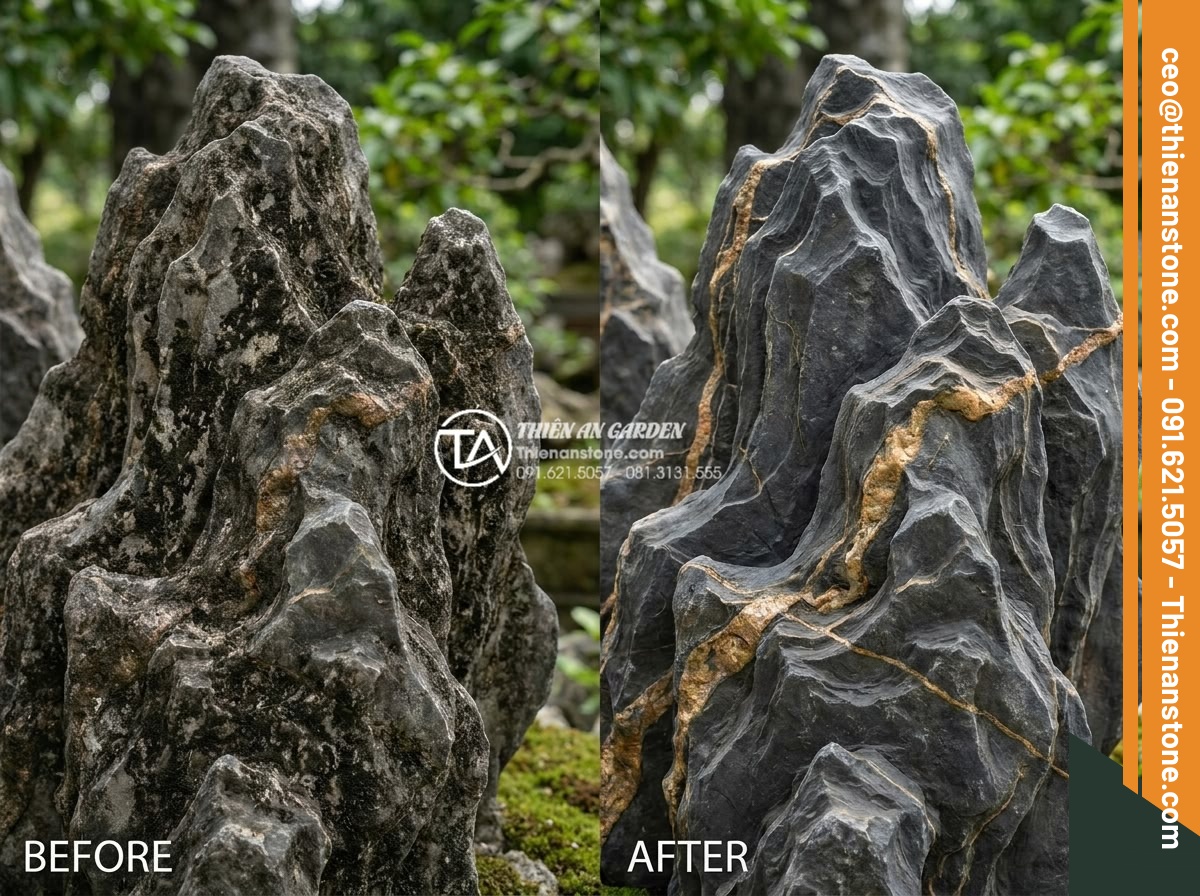 Hỏi đáp: Có nên dùng axit để tẩy rửa bề mặt đá trầm tích? - Before and after comparison photo of acid-cleaned sedimentary stone surface show