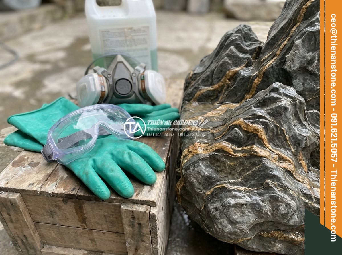Hỏi đáp: Có nên dùng axit để tẩy rửa bề mặt đá trầm tích? - Safety warning illustration of protective gear required when handling acid for s
