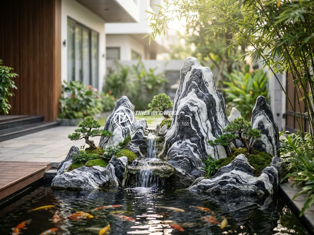 Hòn non bộ đá tuyết sơn: Đỉnh cao nghệ thuật chế tác đá cảnh - Highly detailed professional photograph of an exquisite Vietnamese hon non bo ro