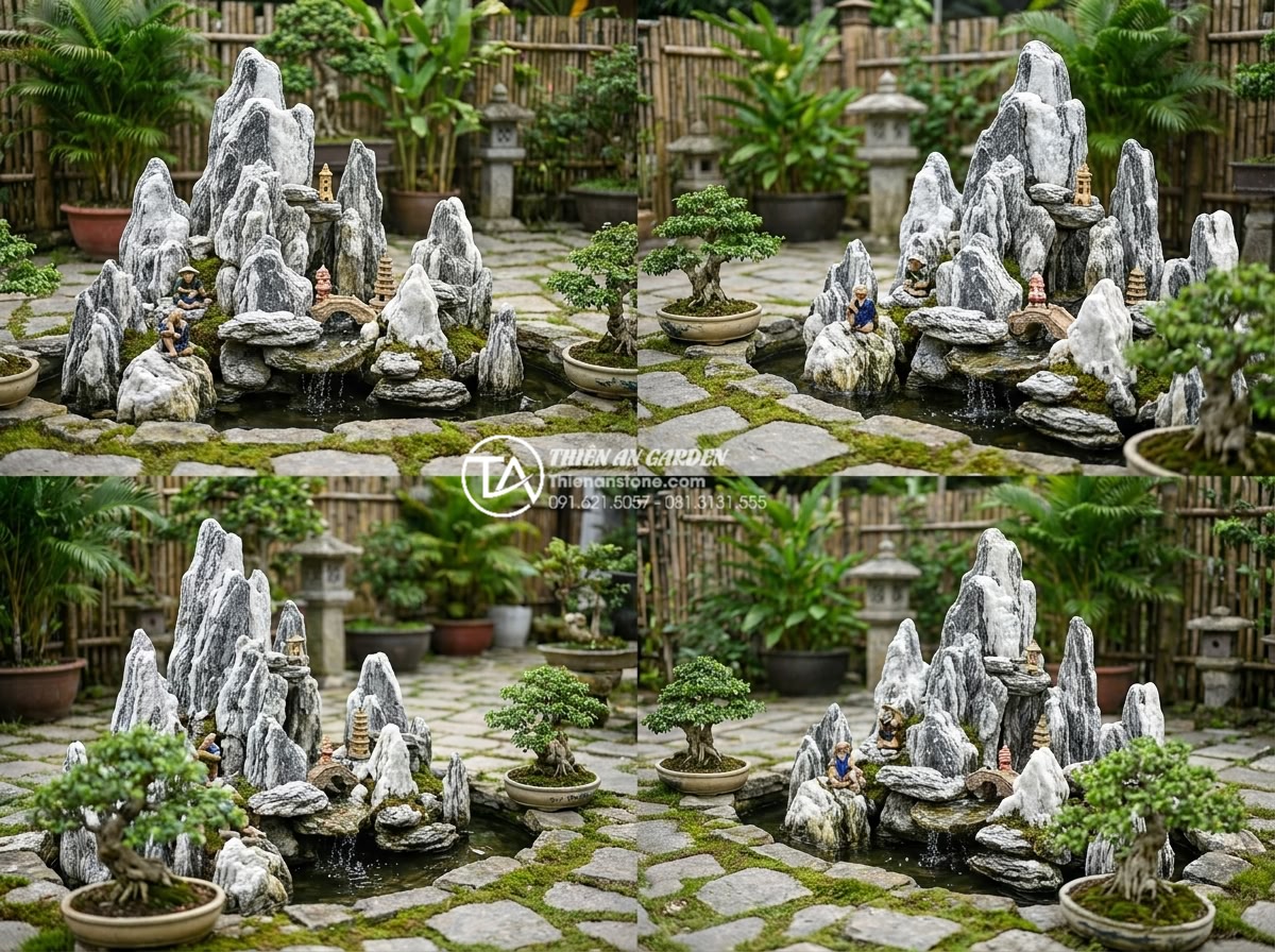 Hòn non bộ đá tuyết sơn: Đỉnh cao nghệ thuật chế tác đá cảnh - Side-by-side professional comparison of four different Vietnamese rockery styles