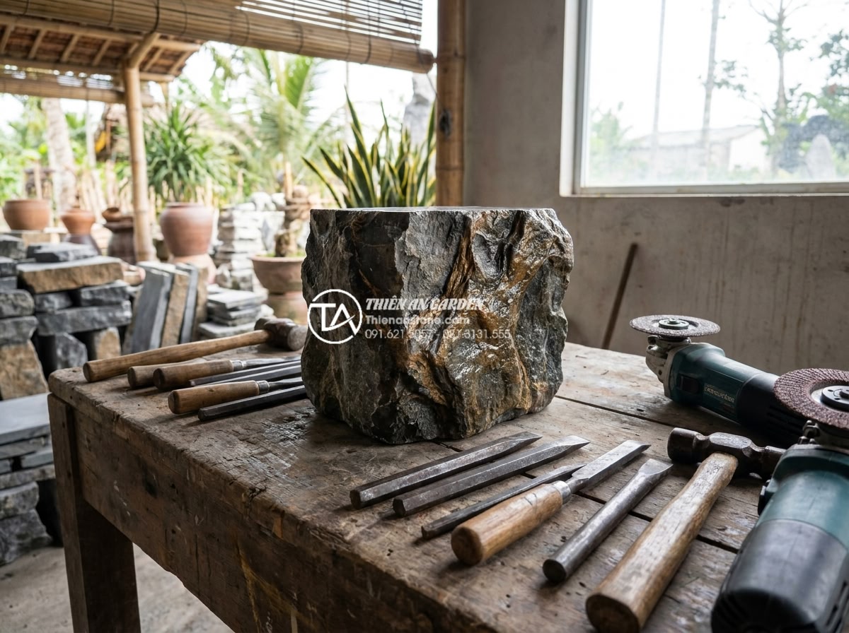 Hướng dẫn đục đẽo đá trầm tích để tạo hình dòng suối nhân tạo - Hình 5 Hướng dẫn đục đẽo đá trầm tích để tạo hình dòng suối nhân tạo - Collection of professional stone carving tools including chisels, hammers and gr