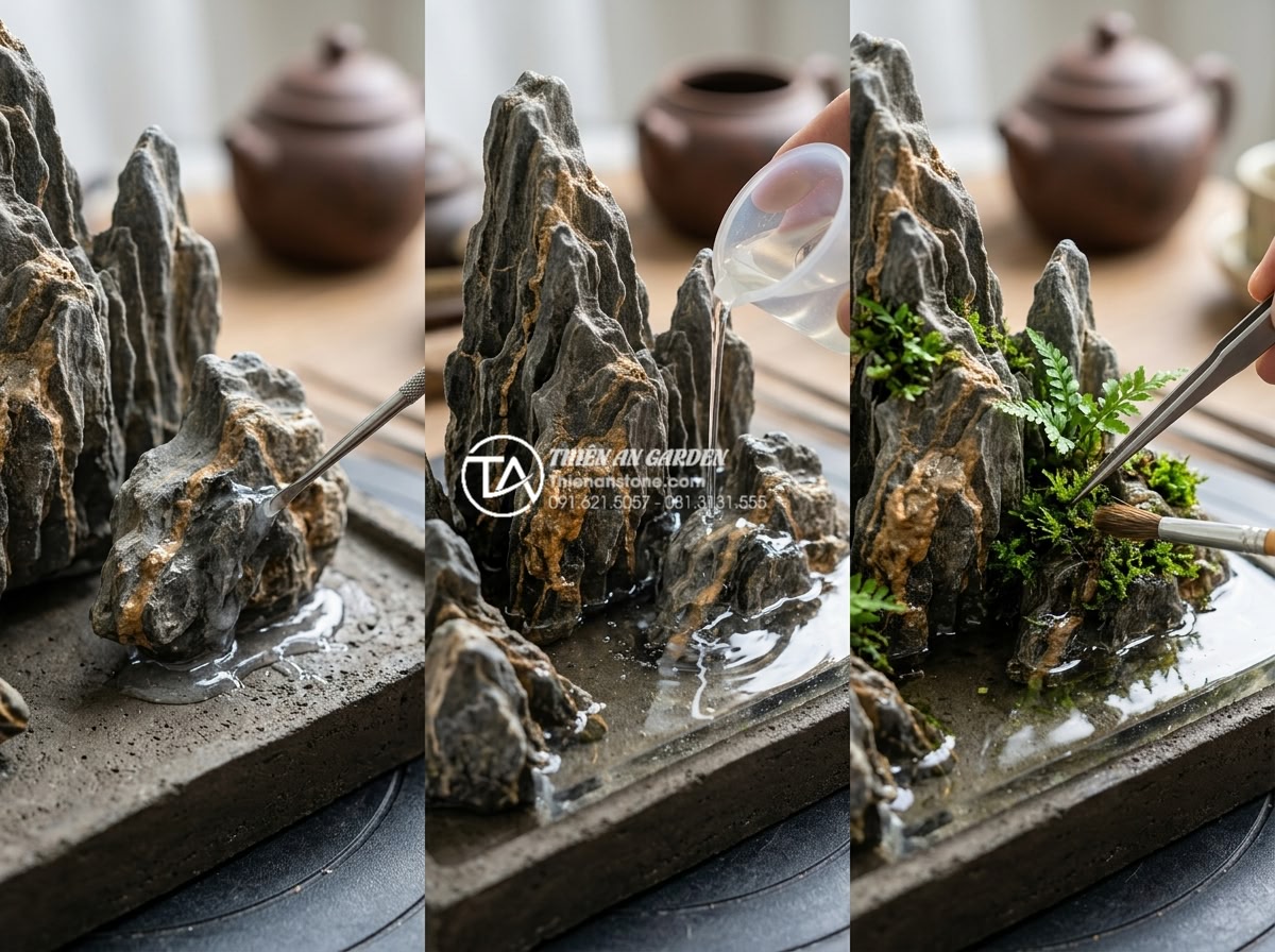 Hướng dẫn tự làm tiểu cảnh đá trầm tích mini để bàn cực đẹp - Hình 11 Hướng dẫn tự làm tiểu cảnh đá trầm tích mini để bàn cực đẹp - Detailed close-up of sedimentary rock mini landscape assembly process: layered s