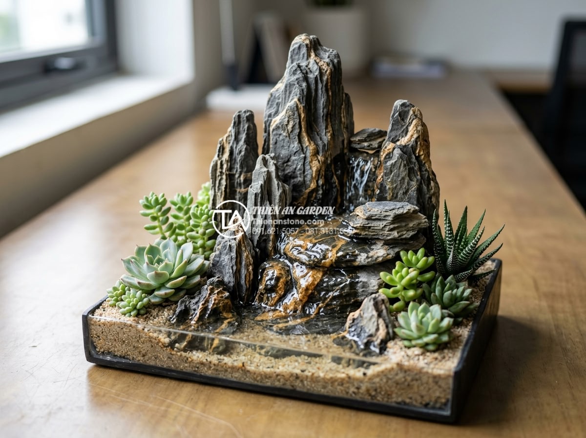 Hướng dẫn tự làm tiểu cảnh đá trầm tích mini để bàn cực đẹp - Hình 2 Hướng dẫn tự làm tiểu cảnh đá trầm tích mini để bàn cực đẹp - Mini sedimentary rock terrarium-style desk scene featuring stacked stratified st