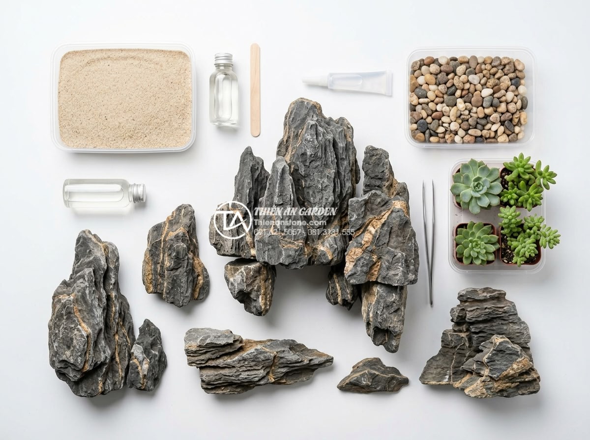 Hướng dẫn tự làm tiểu cảnh đá trầm tích mini để bàn cực đẹp - Hình 5 Hướng dẫn tự làm tiểu cảnh đá trầm tích mini để bàn cực đẹp - Flat lay of raw materials for sedimentary rock mini landscape: various sizes of