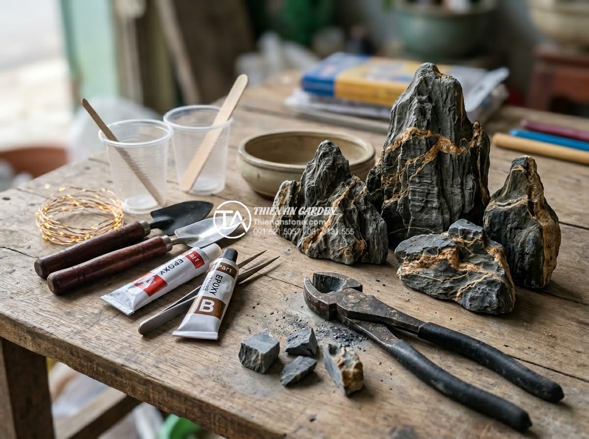Hướng dẫn tự làm tiểu cảnh đá trầm tích mini để bàn cực đẹp - Hình 7 Hướng dẫn tự làm tiểu cảnh đá trầm tích mini để bàn cực đẹp - Professional DIY toolkit for mini rockery: stone cutting pliers, epoxy glue tube