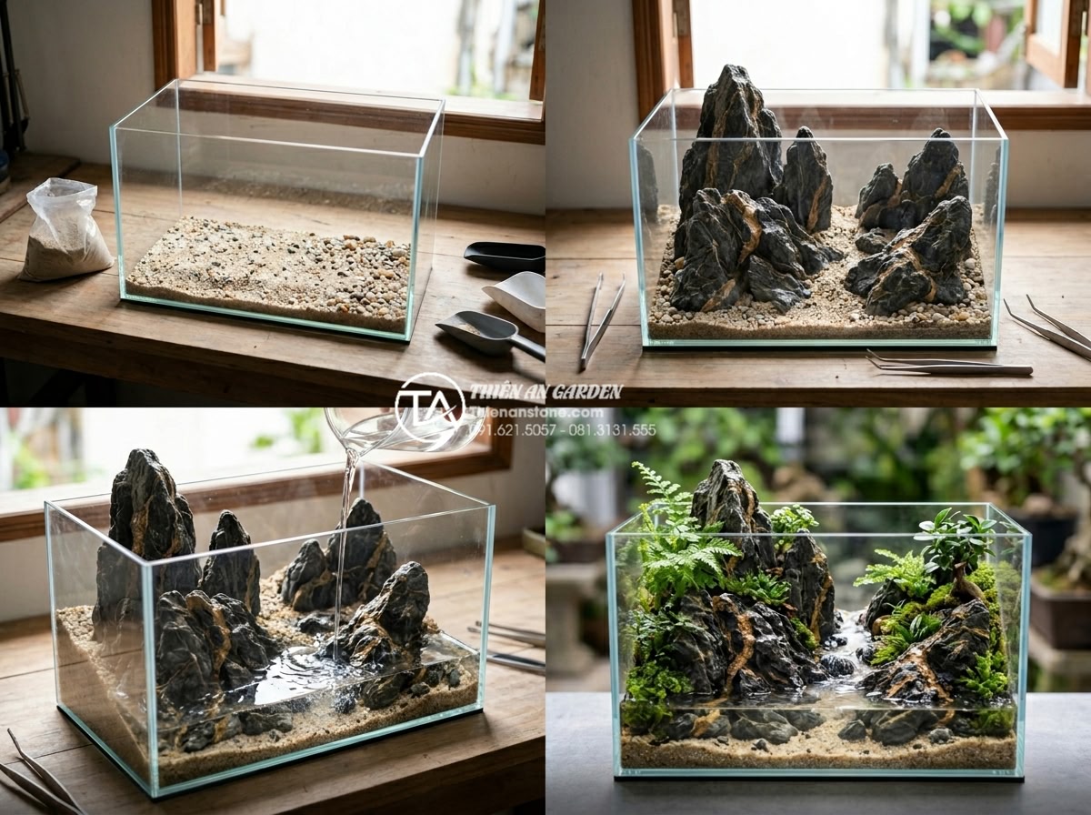 Hướng dẫn tự làm tiểu cảnh đá trầm tích mini để bàn cực đẹp - Hình 9 Hướng dẫn tự làm tiểu cảnh đá trầm tích mini để bàn cực đẹp - Step-by-step progress photos collage of building sedimentary mini landscape: bas
