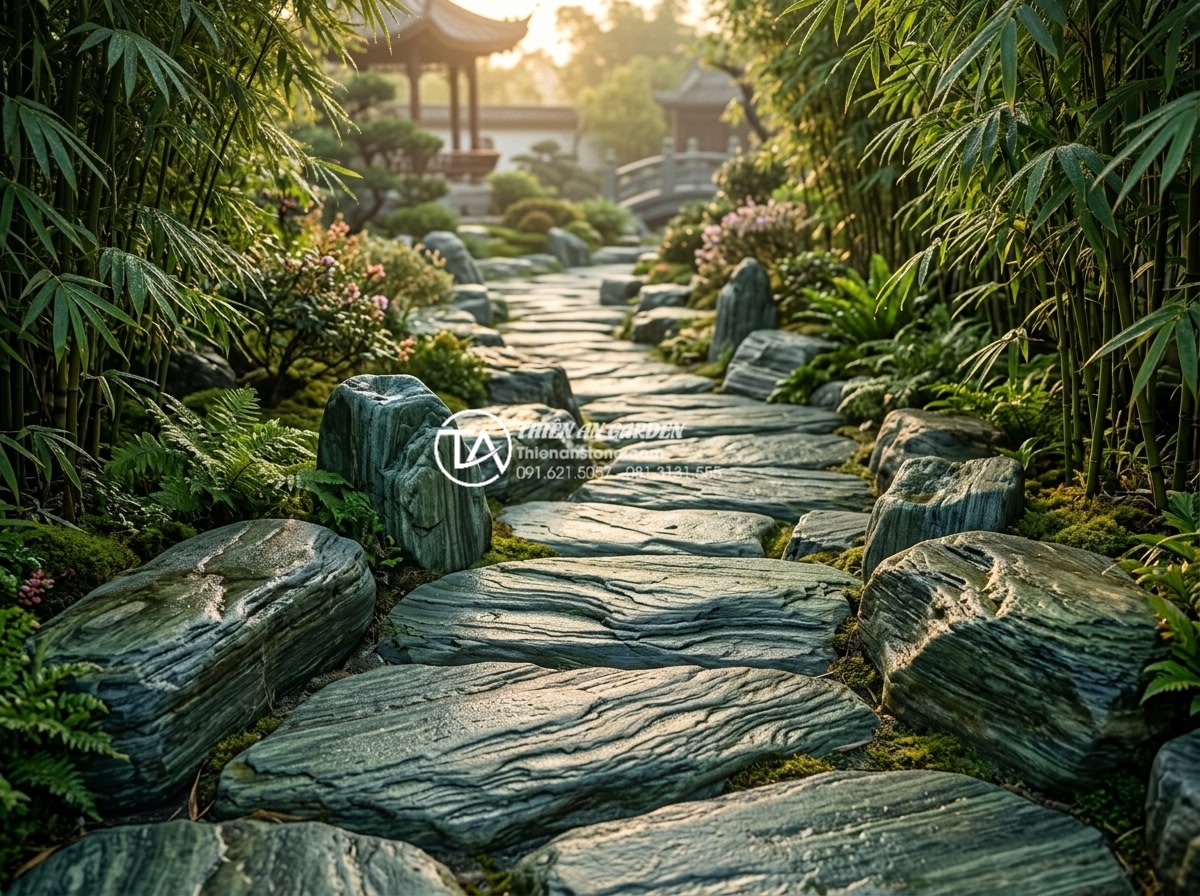 Hướng dẫn vệ sinh đá xanh Nhật Bản để luôn giữ màu xanh thẫm đặc trưng - High-resolution professional photograph of a pristine Japanese green stone pathw