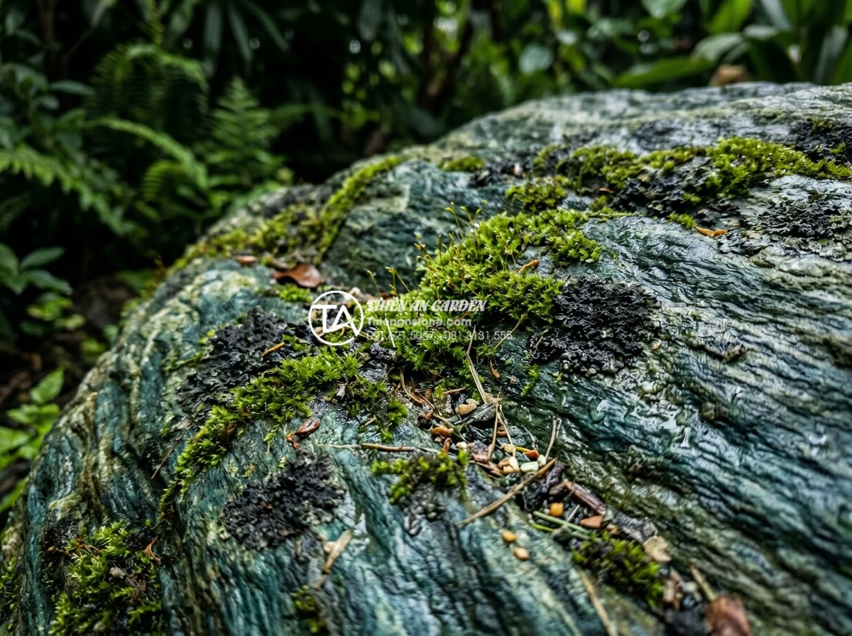 Hướng dẫn vệ sinh đá xanh Nhật Bản để luôn giữ màu xanh thẫm đặc trưng - Close-up macro shot of Japanese green stone surface covered with green moss and 