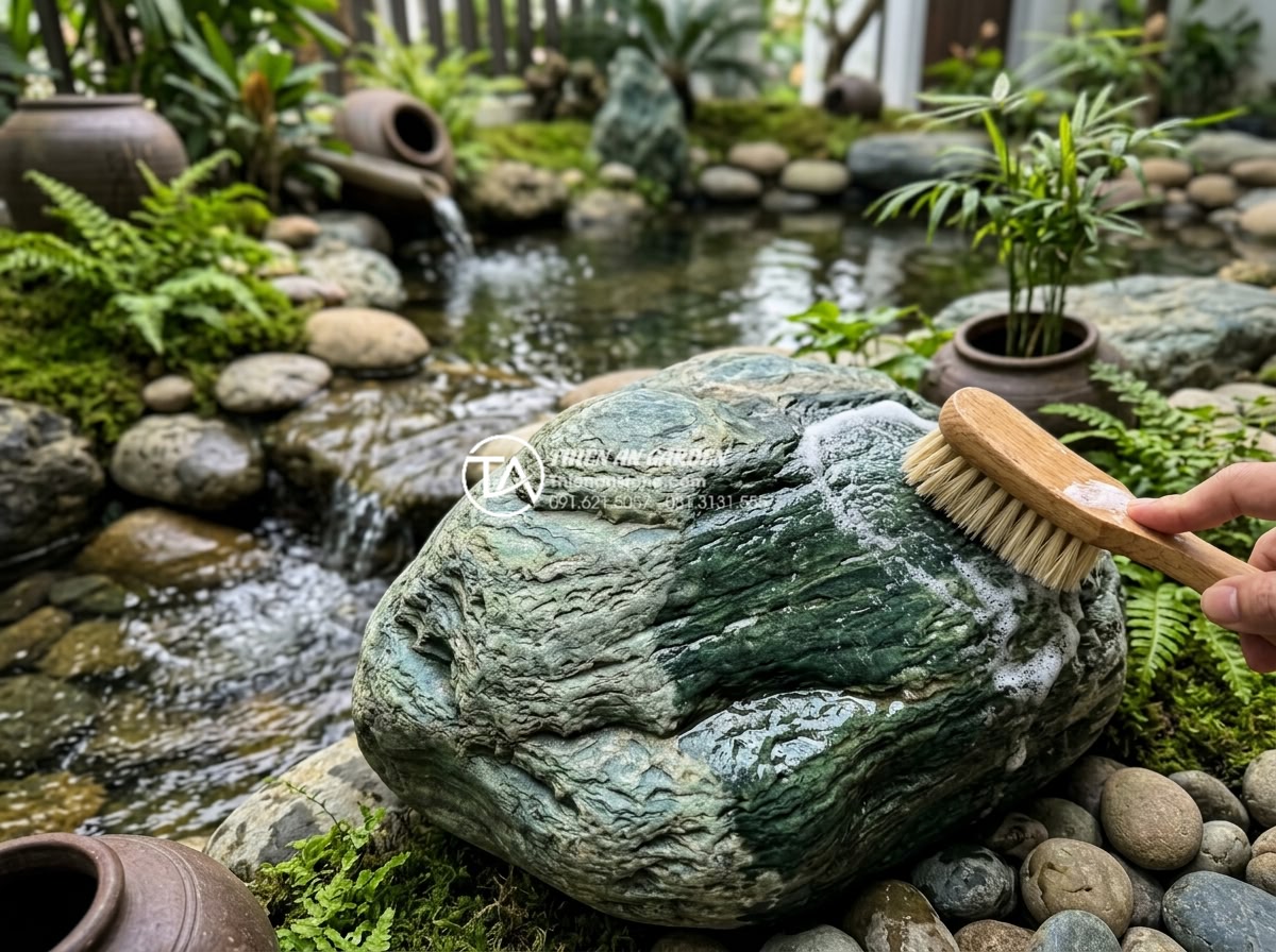Hướng dẫn vệ sinh đá xanh Nhật Bản để luôn giữ màu xanh thẫm đặc trưng - Professional demonstration photo of safe cleaning process for Japanese green sto