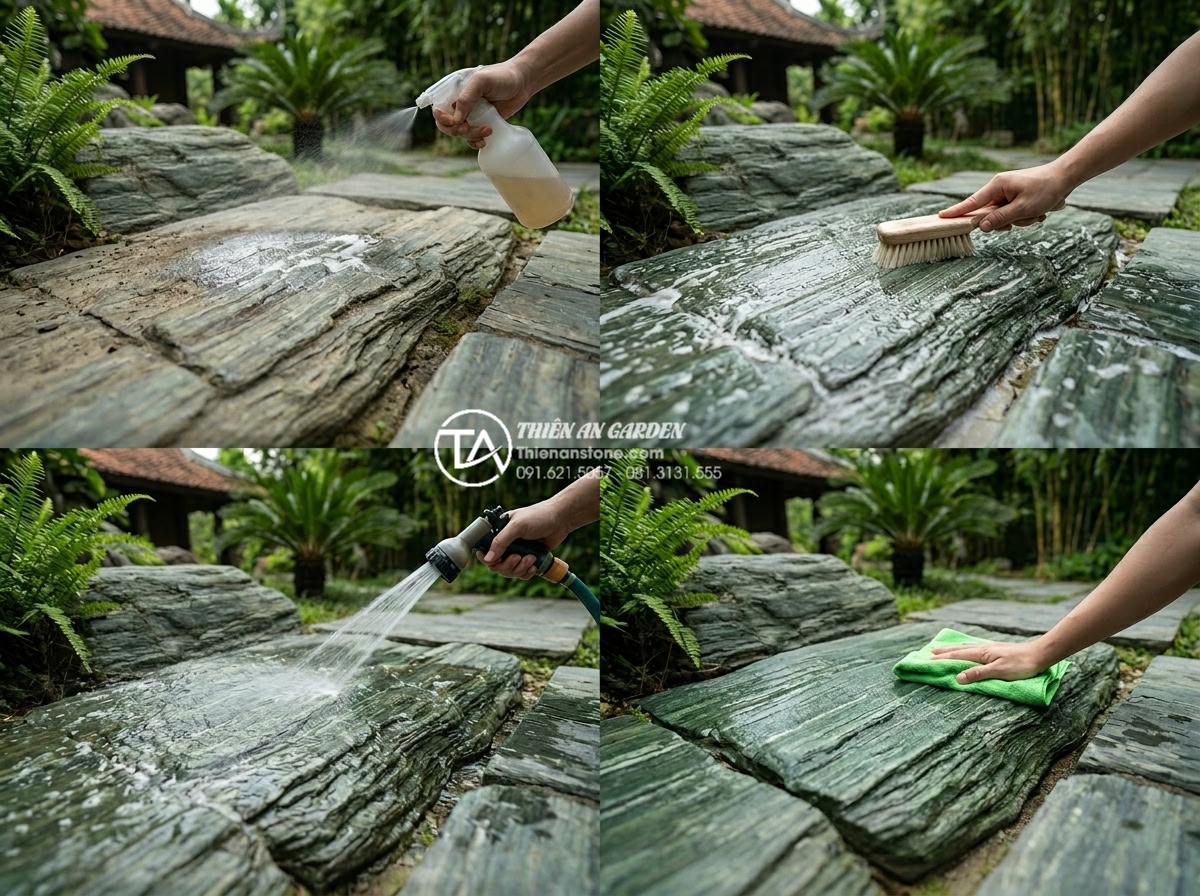 Hướng dẫn vệ sinh đá xanh Nhật Bản để luôn giữ màu xanh thẫm đặc trưng - Step-by-step instructional collage showing weekly deep cleaning of Japanese gree