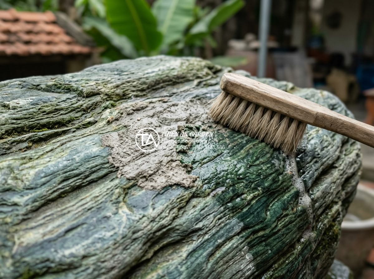 Hướng dẫn vệ sinh đá xanh Nhật Bản để luôn giữ màu xanh thẫm đặc trưng - Detailed close-up of removing stubborn cement stain from Japanese green stone us