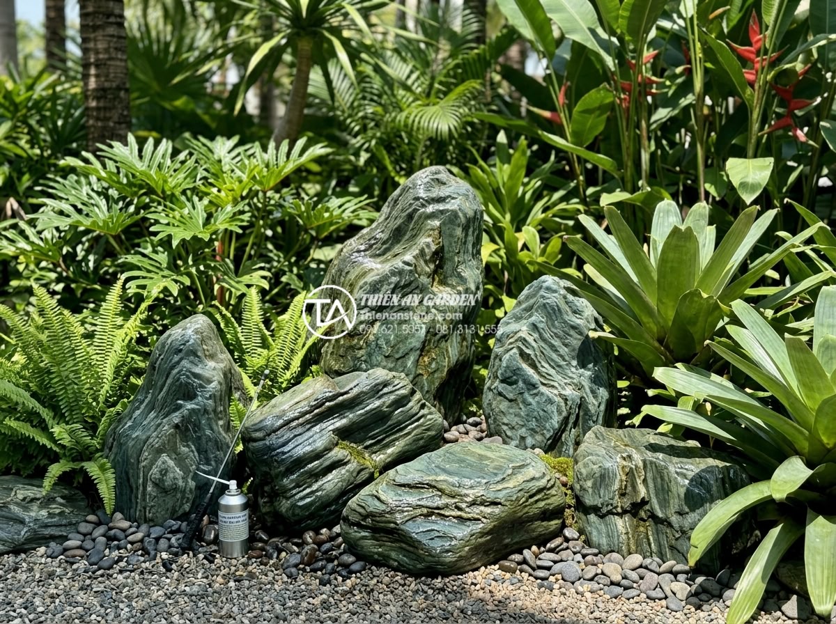 Hướng dẫn vệ sinh đá xanh Nhật Bản để luôn giữ màu xanh thẫm đặc trưng - Seasonal maintenance scene of Japanese green stone in a luxury resort garden: te