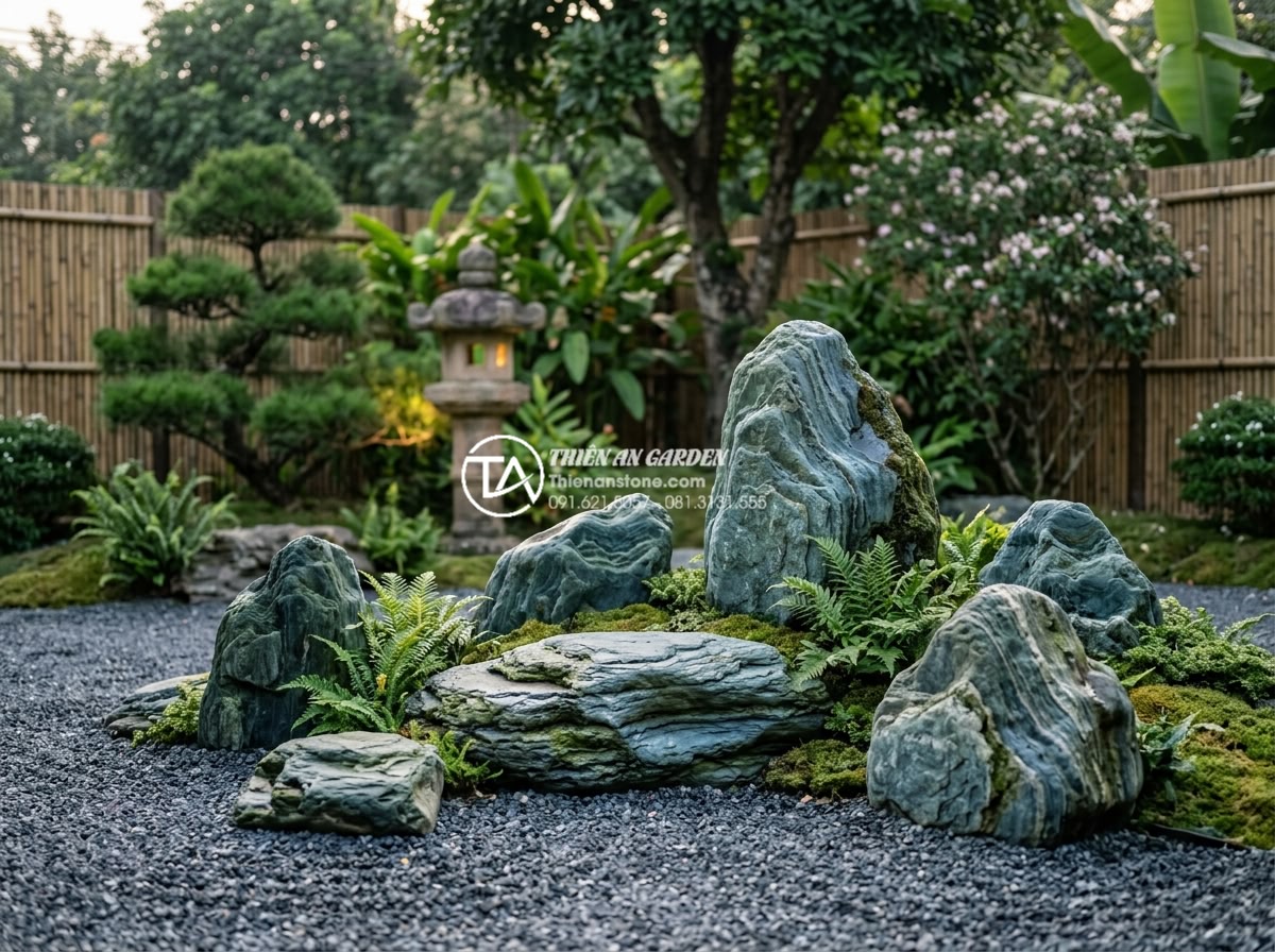 Kết hợp đá xanh Nhật Bản và đèn đá: Sự hòa quyện của ánh sáng và tĩnh tại - High-resolution photograph of authentic Japanese blue-green andesite stones with