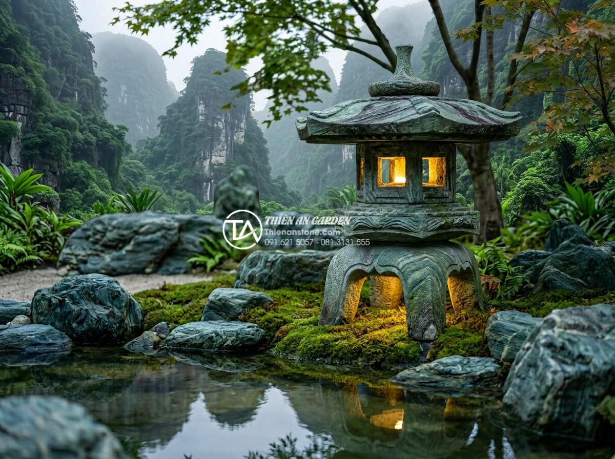 Kết hợp đá xanh Nhật Bản và đèn đá: Sự hòa quyện của ánh sáng và tĩnh tại - Close-up view of traditional Japanese stone lantern carved from natural stone, i