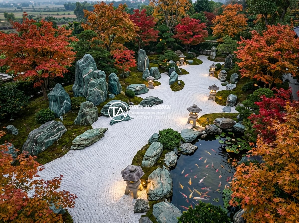 Kết hợp đá xanh Nhật Bản và đèn đá: Sự hòa quyện của ánh sáng và tĩnh tại - Aerial perspective of a meticulously designed Japanese-inspired garden featuring