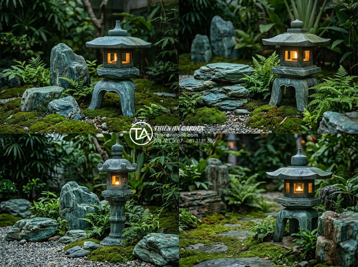 Kết hợp đá xanh Nhật Bản và đèn đá: Sự hòa quyện của ánh sáng và tĩnh tại - Professional comparison collage showing four different Japanese stone lantern st