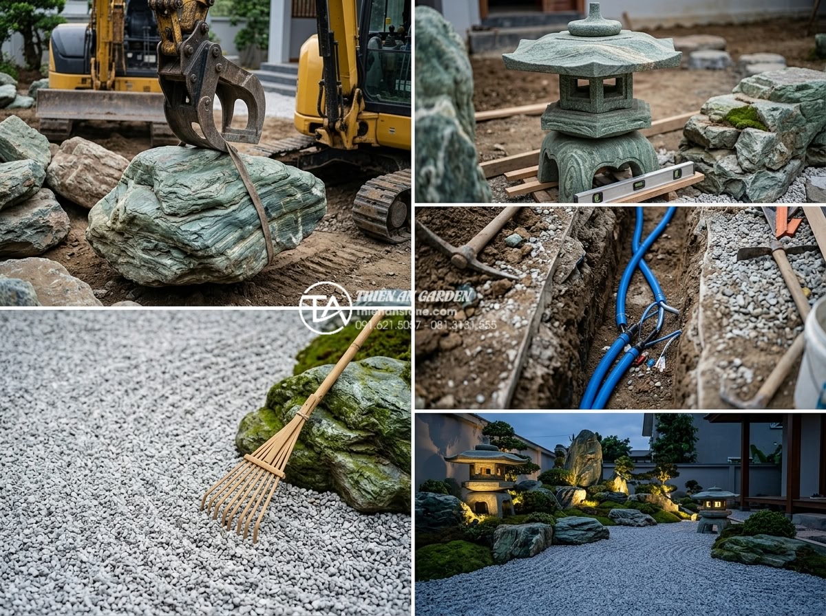 Kết hợp đá xanh Nhật Bản và đèn đá: Sự hòa quyện của ánh sáng và tĩnh tại - Step-by-step construction process collage of Japanese garden installation: heavy