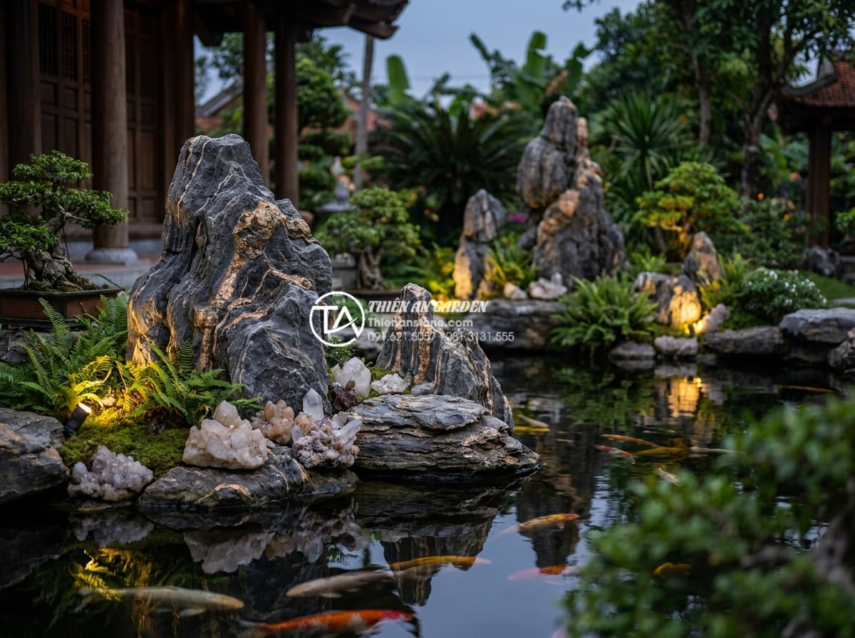 Khám phá vẻ đẹp của đá trầm tích hàm chứa tinh thể khoáng vật - Beautifully designed Japanese-style garden with sedimentary rock formations, min