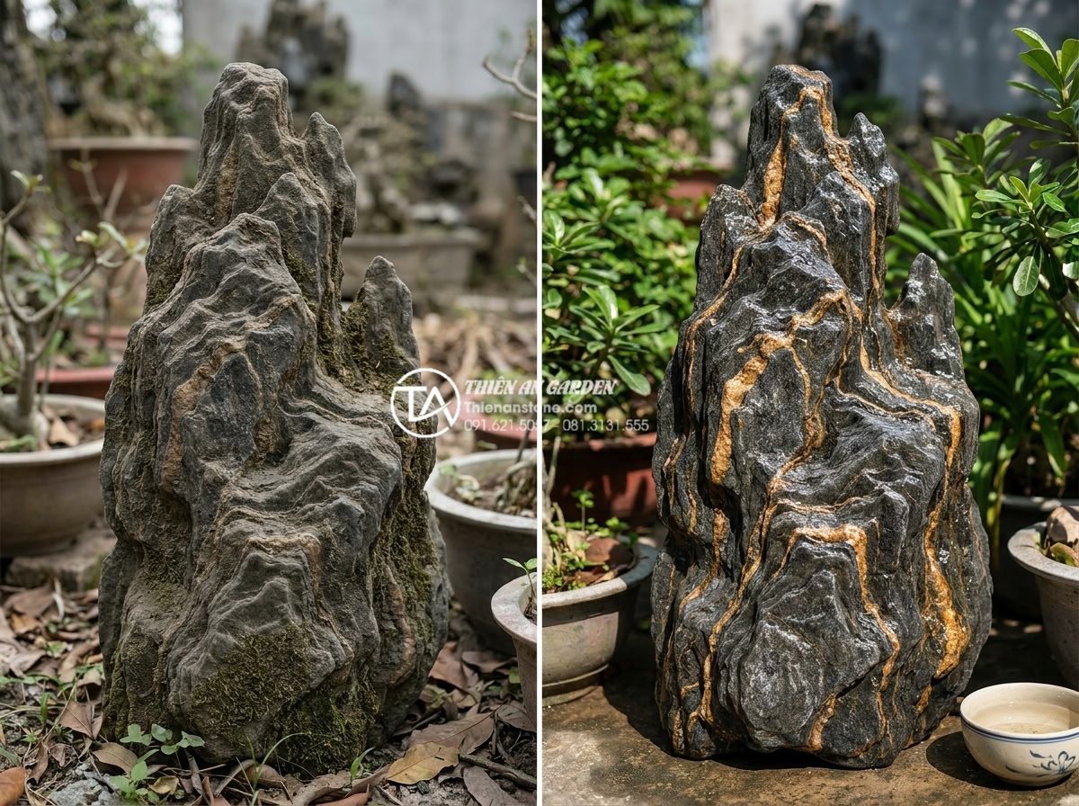 Khám phá vẻ đẹp của đá trầm tích hàm chứa tinh thể khoáng vật - Before and after maintenance photos of cleaned sedimentary rock with restored mi