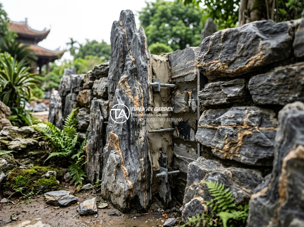 Làm thế nào để gắn kết các khối đá trầm tích khi làm non bộ? - Reinforced sedimentary rock structure with combined mechanical and adhesive bond