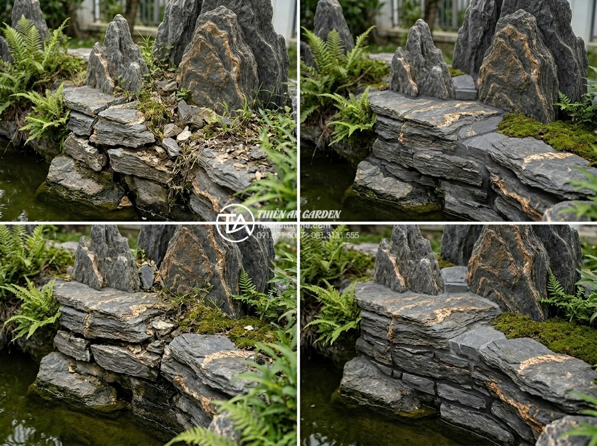 Làm thế nào để gắn kết các khối đá trầm tích khi làm non bộ? - Before and after repair of failed sedimentary rock joints in a non bo garden set