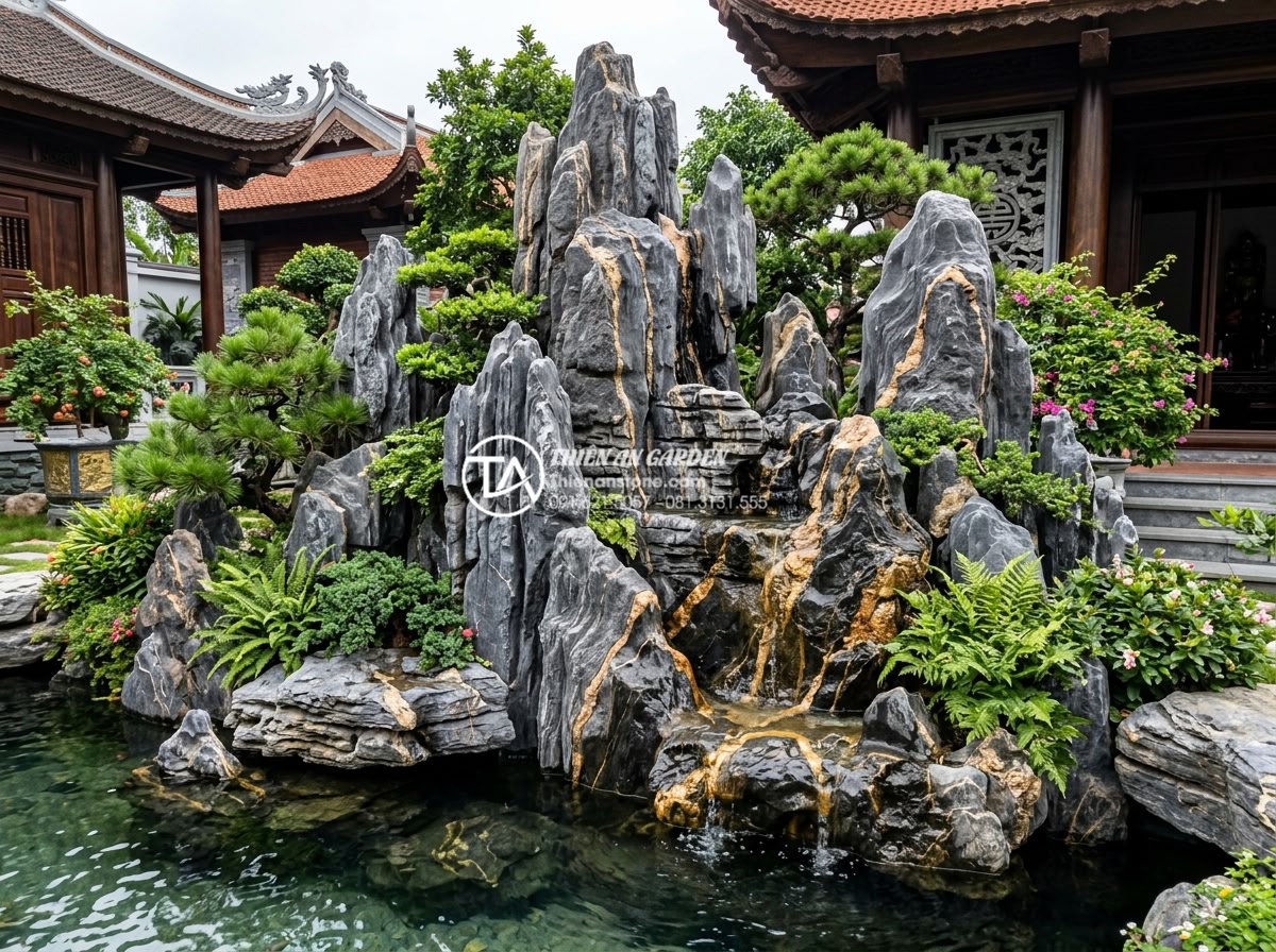 Làm thế nào để gắn kết các khối đá trầm tích khi làm non bộ? - Wide angle shot of a completed sedimentary rock non bo structure in a luxury vil