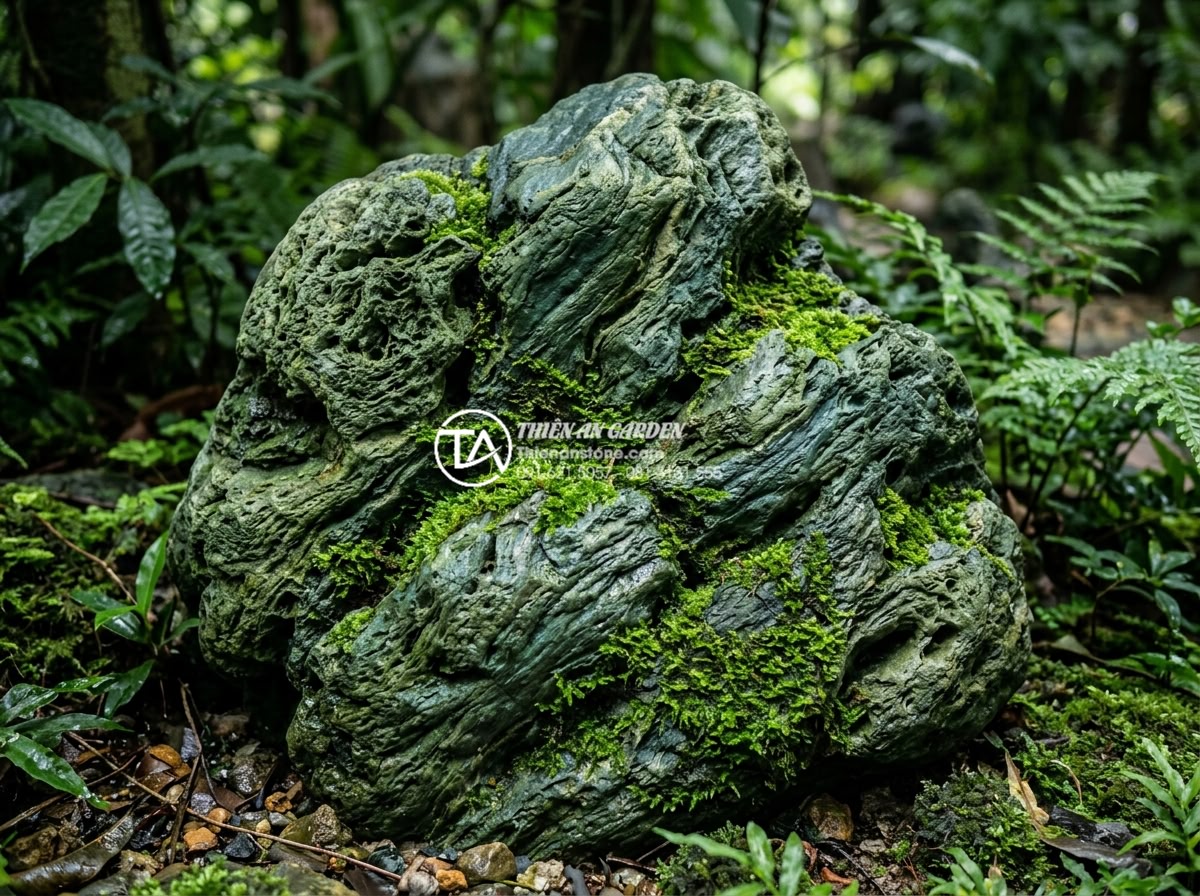 Làm thế nào để tạo rêu tự nhiên bám trên đá xanh Nhật Bản? - Close-up high-resolution photo of Japanese green stone with natural porous textu