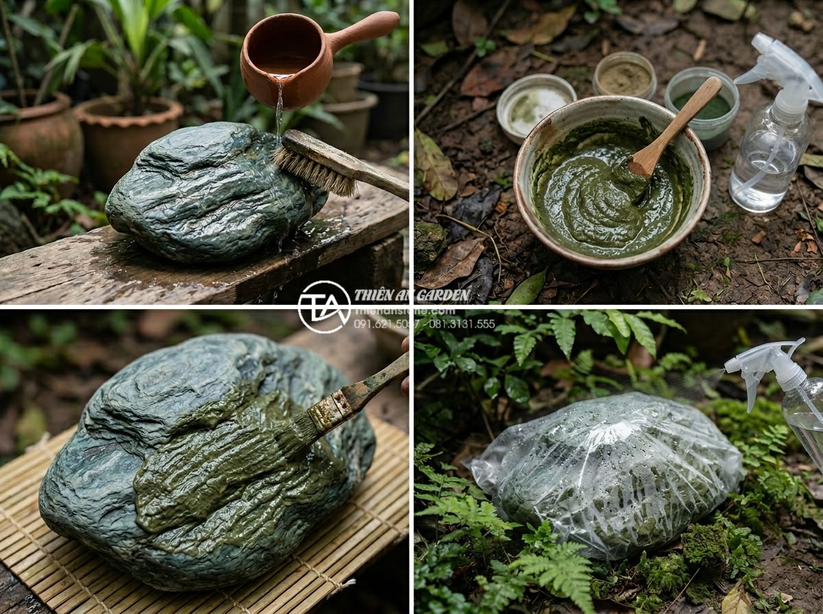 Làm thế nào để tạo rêu tự nhiên bám trên đá xanh Nhật Bản? - Detailed step-by-step photographic guide showing cleaning, slurry application an