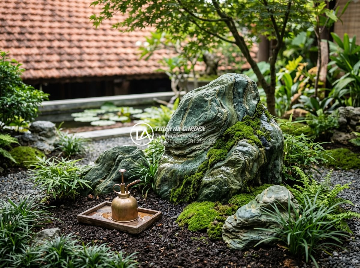 Làm thế nào để tạo rêu tự nhiên bám trên đá xanh Nhật Bản? - Professional gardener carefully misting and maintaining moss on Japanese green s