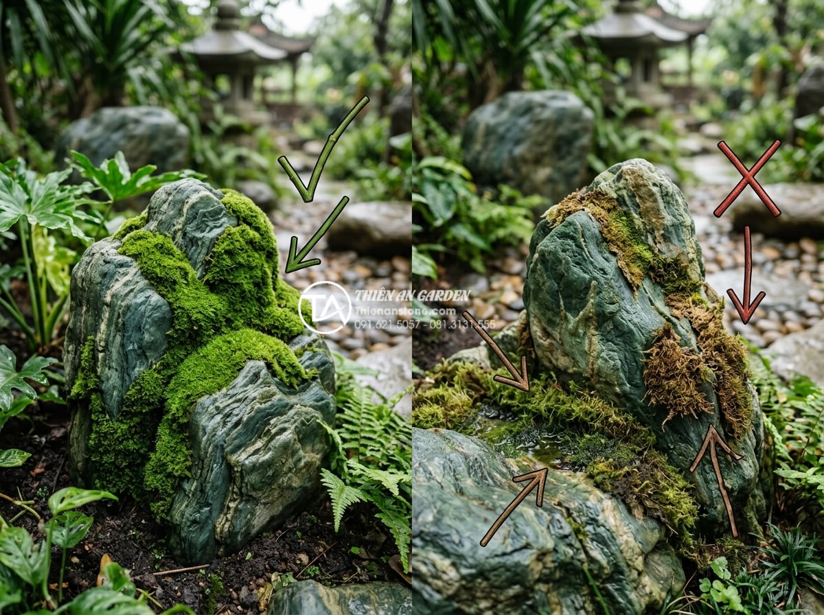 Làm thế nào để tạo rêu tự nhiên bám trên đá xanh Nhật Bản? - Comparison chart showing correct vs incorrect moss growing techniques on Japanes
