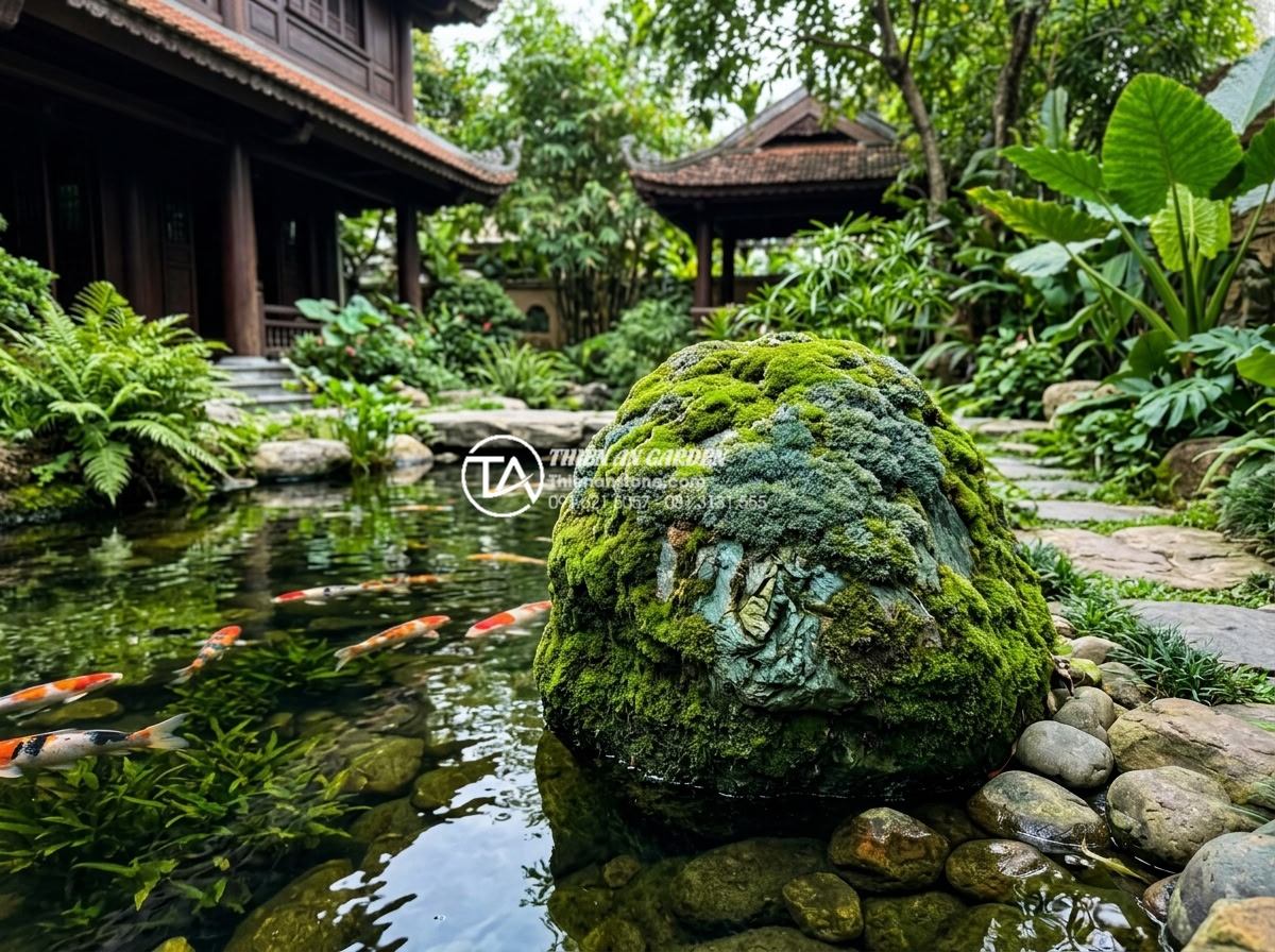 Làm thế nào để tạo rêu tự nhiên bám trên đá xanh Nhật Bản? - Japanese green stone fully covered in lush moss placed beside a small koi pond i