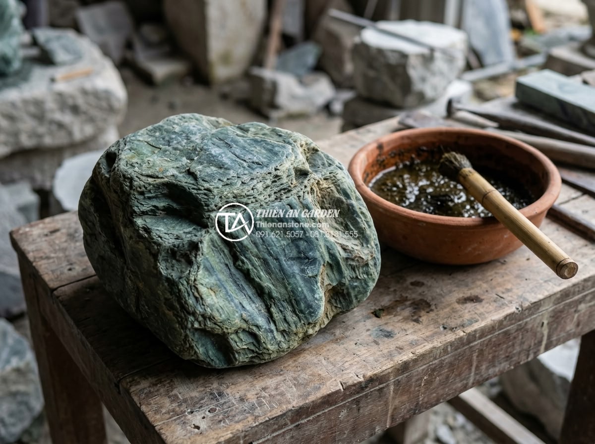 Làm thế nào để tạo rêu tự nhiên bám trên đá xanh Nhật Bản? - Step-by-step process of applying moss slurry to Japanese green stone surface usi