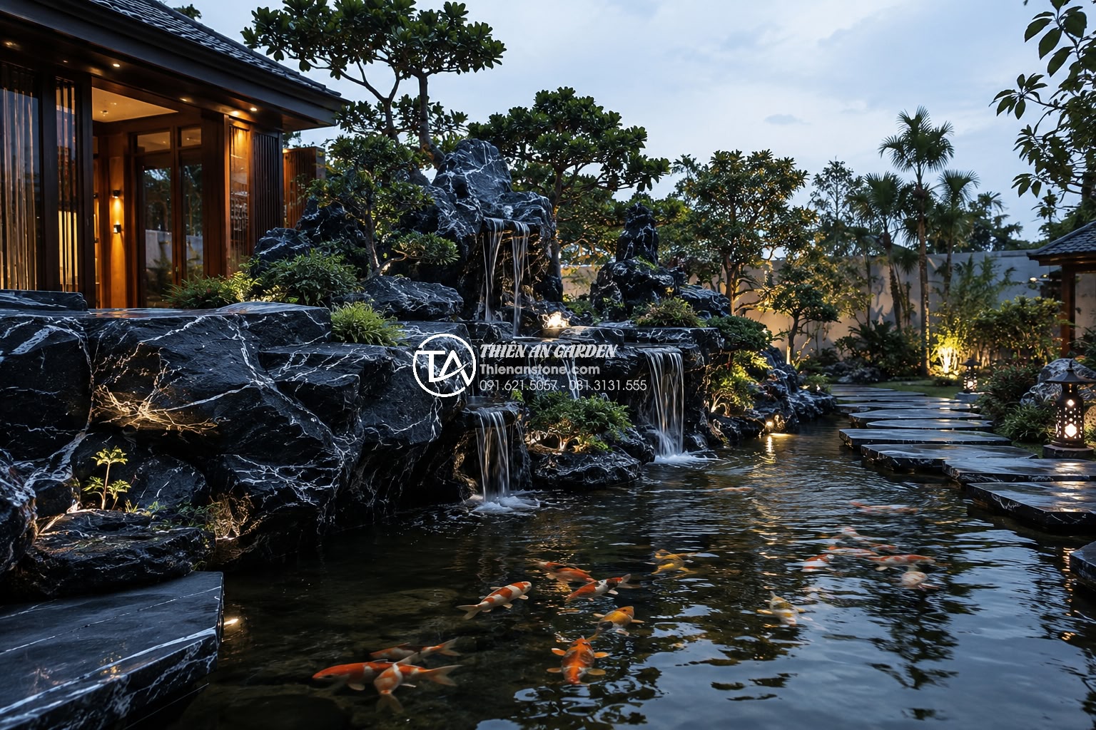 Lợi ích bất ngờ của việc sở hữu một bể cá tiểu cảnh trong sân vườn - High-end photorealistic view of a luxury Vietnamese villa garden featuring a lar