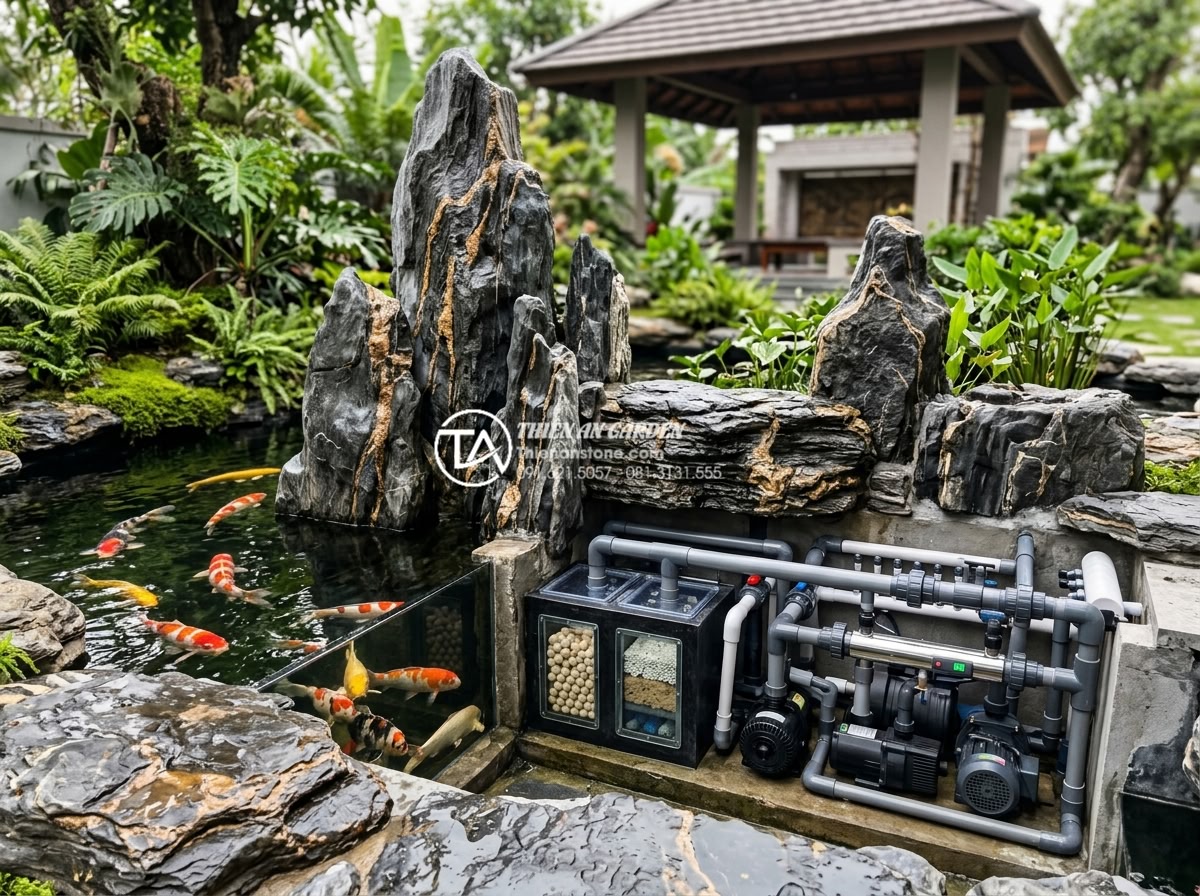 Lỗi thường gặp khi dùng đá trầm tích làm hồ cá và cách khắc phục - High-tech filtration system installed beneath sedimentary rock layers in a large
