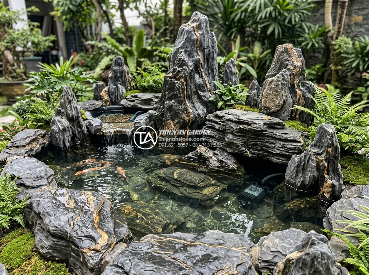 Lỗi thường gặp khi dùng đá trầm tích làm hồ cá và cách khắc phục - Clean and well-maintained sedimentary rock pond with clear water and efficient f