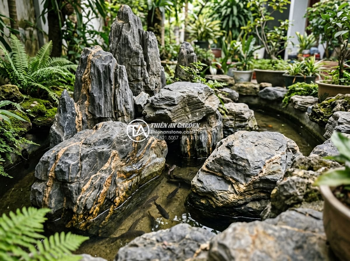 Lỗi thường gặp khi dùng đá trầm tích làm hồ cá và cách khắc phục - Incorrectly sized sedimentary rocks overwhelming a small fish pond causing cramp