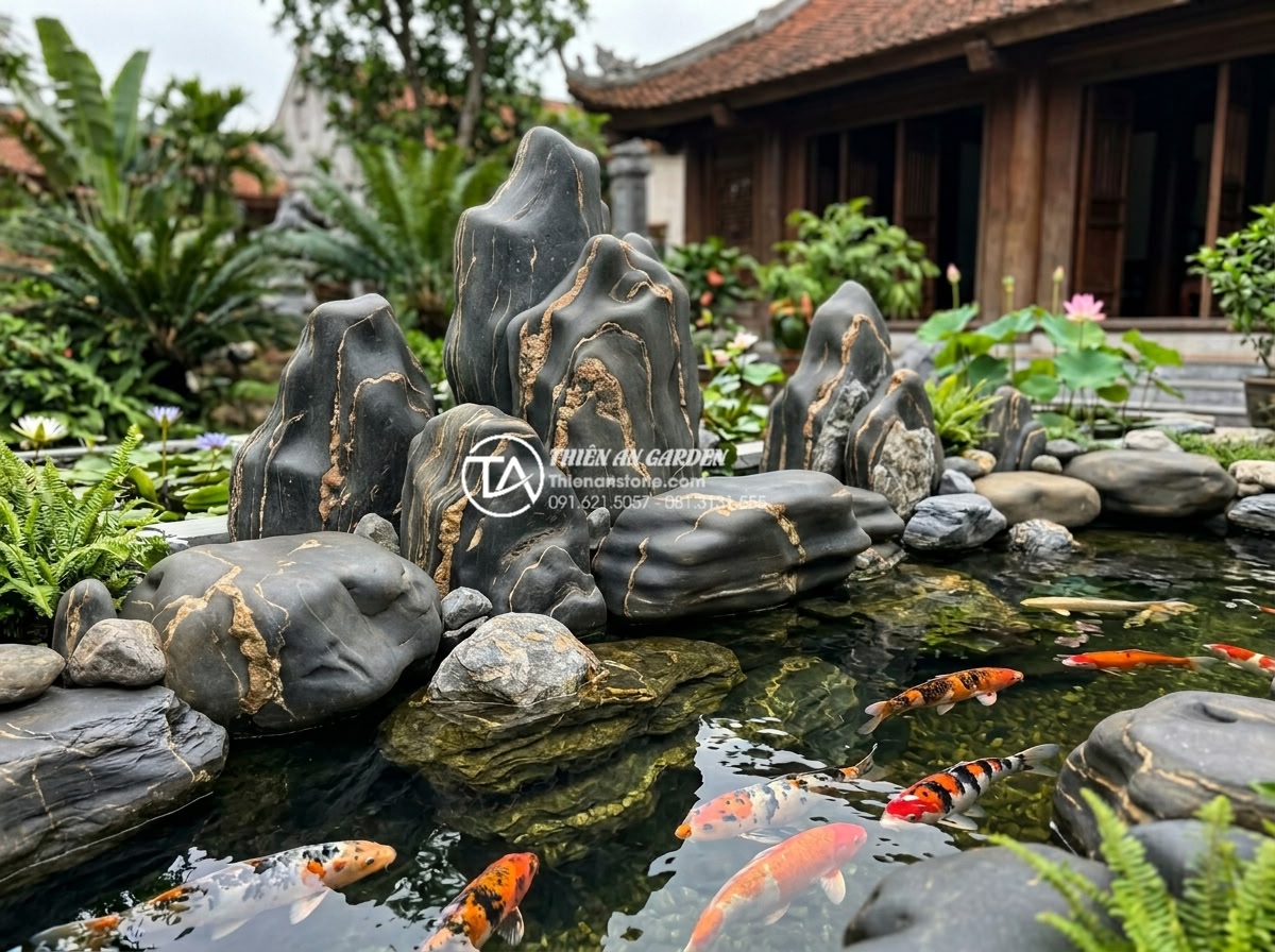 Lỗi thường gặp khi dùng đá trầm tích làm hồ cá và cách khắc phục - 3D rendered ideal sedimentary rock placement for Koi pond showing balanced sizes