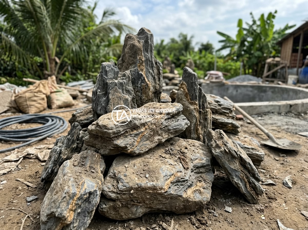 Lỗi thường gặp khi dùng đá trầm tích làm hồ cá và cách khắc phục - Dirty untreated sedimentary rocks covered in dust and debris before installation