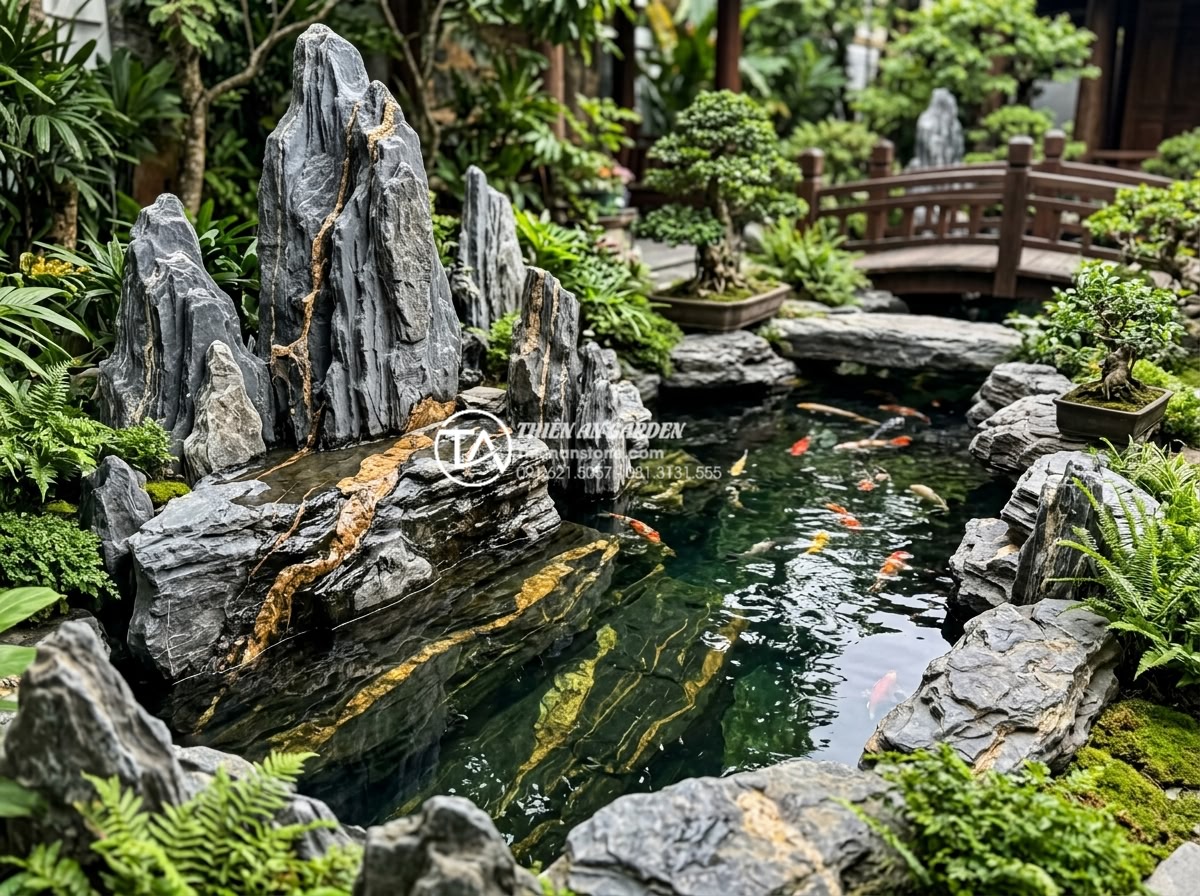 Lỗi thường gặp khi dùng đá trầm tích làm hồ cá và cách khắc phục - Freshly installed and sanitized sedimentary rock Koi pond filled with crystal cl