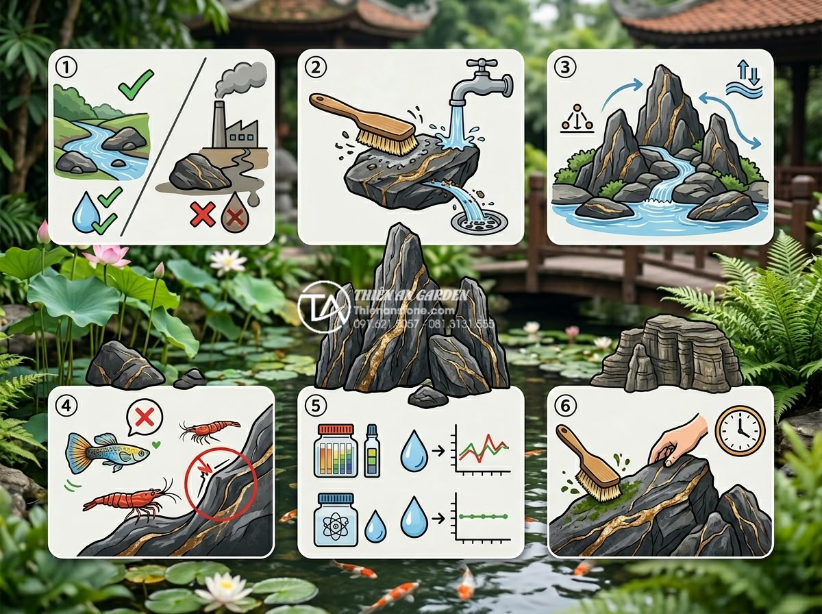 Lỗi thường gặp khi dùng đá trầm tích làm hồ cá và cách khắc phục - Checklist infographic for using sedimentary rocks safely in planted aquariums an