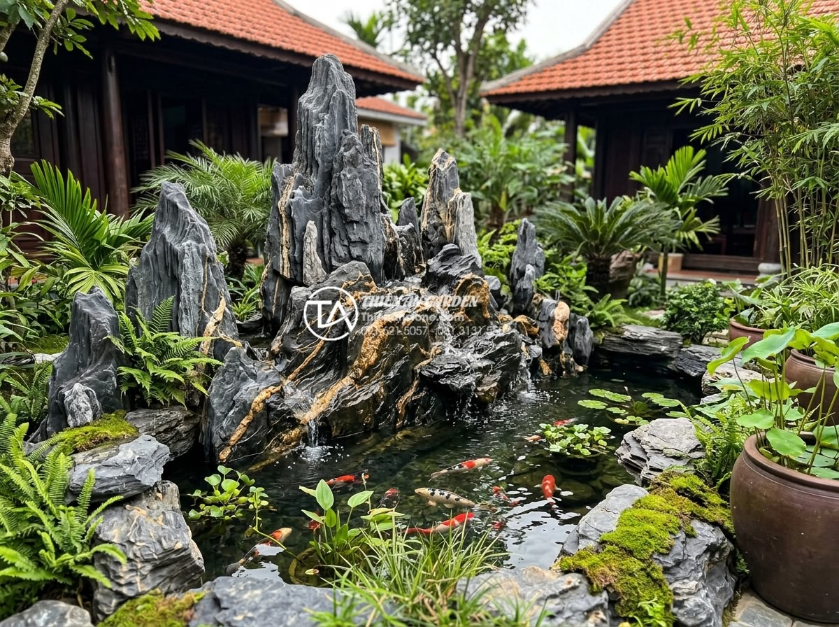 Lỗi thường gặp khi dùng đá trầm tích làm hồ cá và cách khắc phục - Happy client standing beside their newly built sedimentary rock fish pond at a v