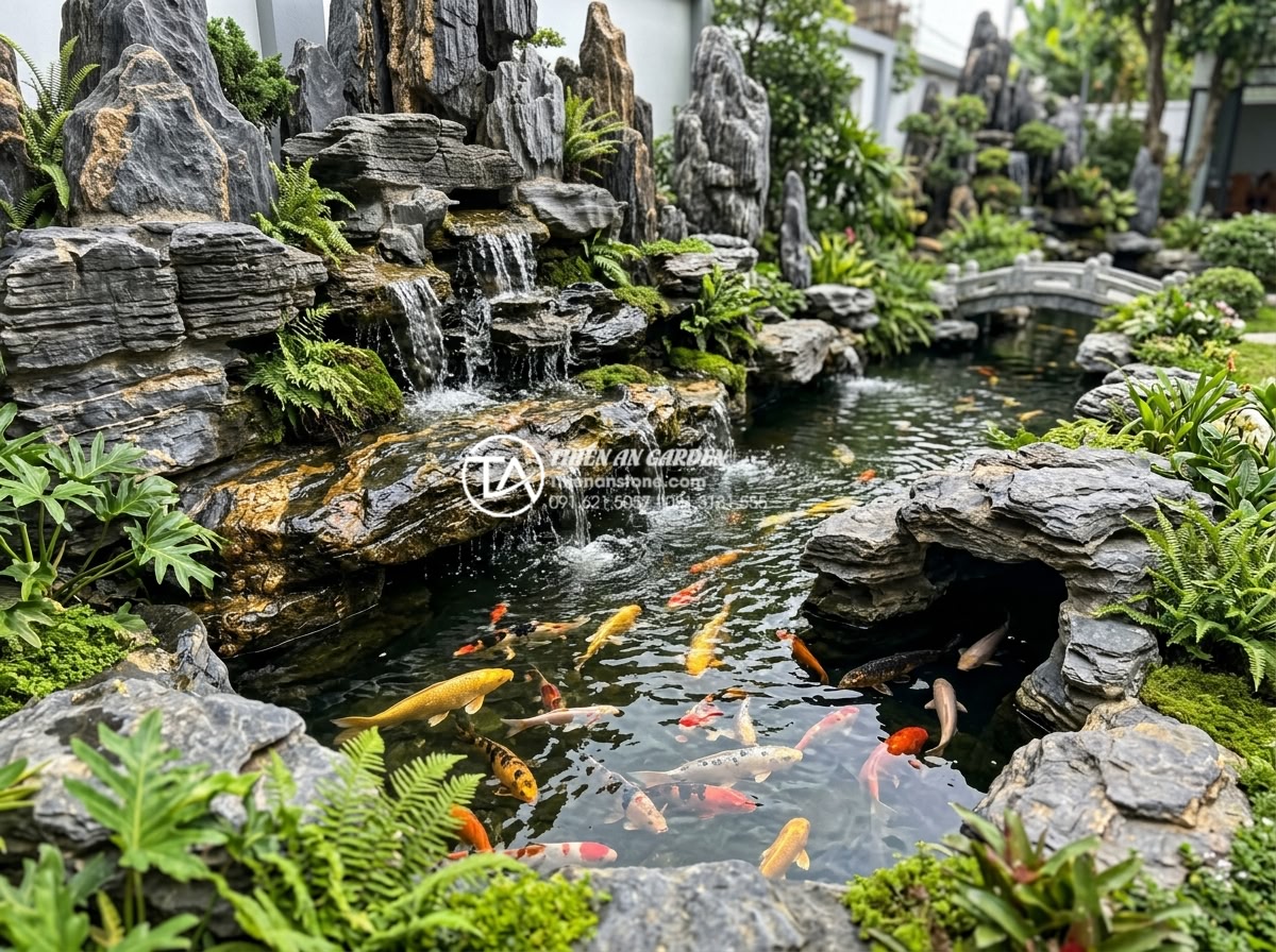 Lỗi thường gặp khi dùng đá trầm tích làm hồ cá và cách khắc phục - Beautiful Koi fish pond landscape featuring layered sedimentary rocks creating n