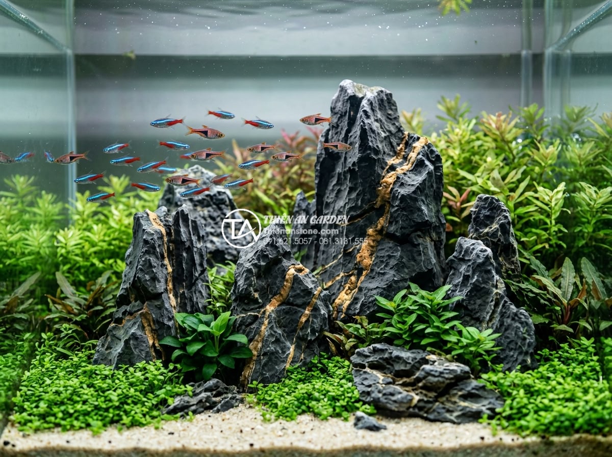 Lỗi thường gặp khi dùng đá trầm tích làm hồ cá và cách khắc phục - Underwater view of sedimentary rock arrangement in a thriving planted aquarium w