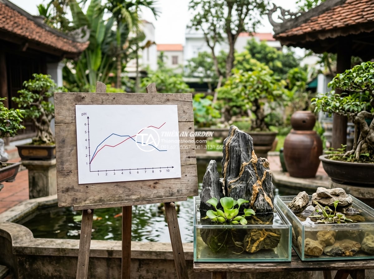 Lỗi thường gặp khi dùng đá trầm tích làm hồ cá và cách khắc phục - Graph chart comparing pH levels over time in ponds with and without properly tre