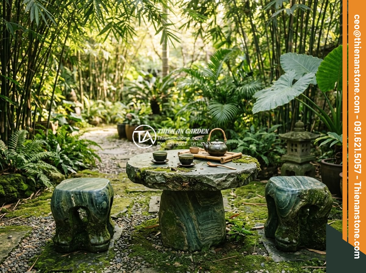Mẫu bàn ghế bằng đá xanh Nhật Bản tự nhiên: Điểm nhấn cho góc trà chiều - Elegant set of natural Japanese green stone table and chairs placed in a serene 