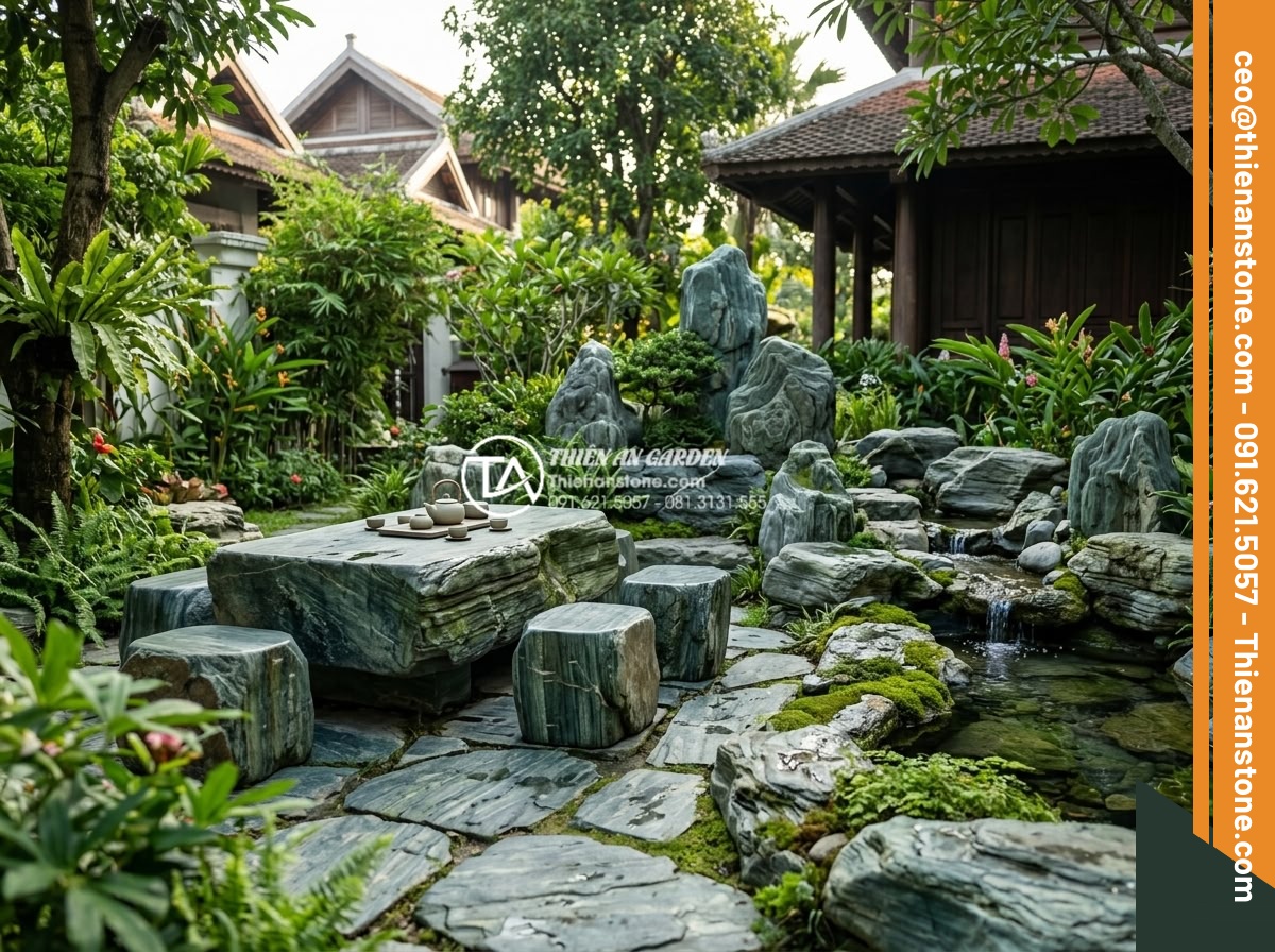 Mẫu bàn ghế bằng đá xanh Nhật Bản tự nhiên: Điểm nhấn cho góc trà chiều - Creative layout of tea corner featuring solid Japanese green stone furniture int