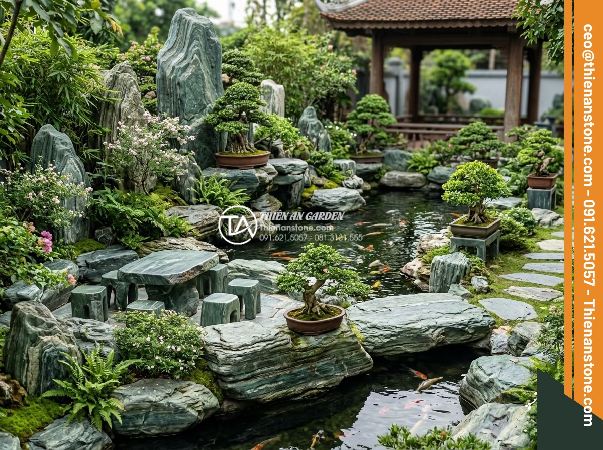 Mẫu bàn ghế bằng đá xanh Nhật Bản tự nhiên: Điểm nhấn cho góc trà chiều - Integrated garden landscape with Japanese green stone table set, koi pond, rocke