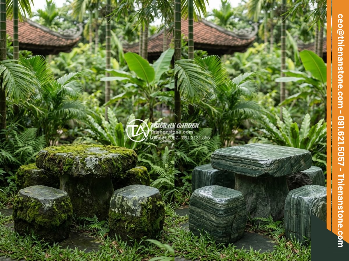 Mẫu bàn ghế bằng đá xanh Nhật Bản tự nhiên: Điểm nhấn cho góc trà chiều - Maintenance process showing cleaning and moss care on Japanese green stone garde