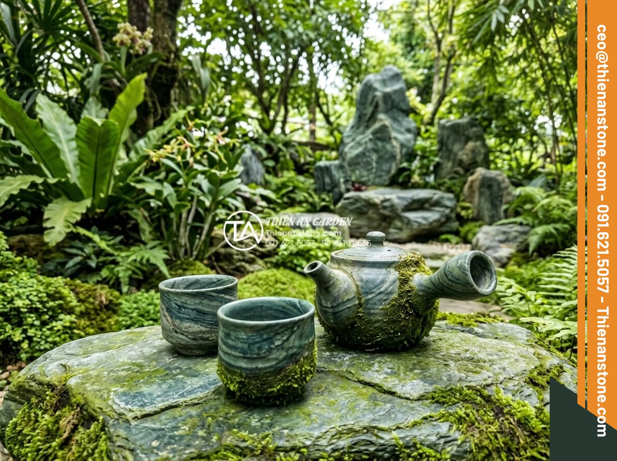 Mẫu bàn ghế bằng đá xanh Nhật Bản tự nhiên: Điểm nhấn cho góc trà chiều - Well-maintained Japanese green stone tea set after years of use with beautiful n