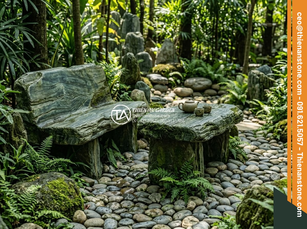 Mẫu bàn ghế bằng đá xanh Nhật Bản tự nhiên: Điểm nhấn cho góc trà chiều - Detailed comparison images of different stone materials for outdoor benches and 